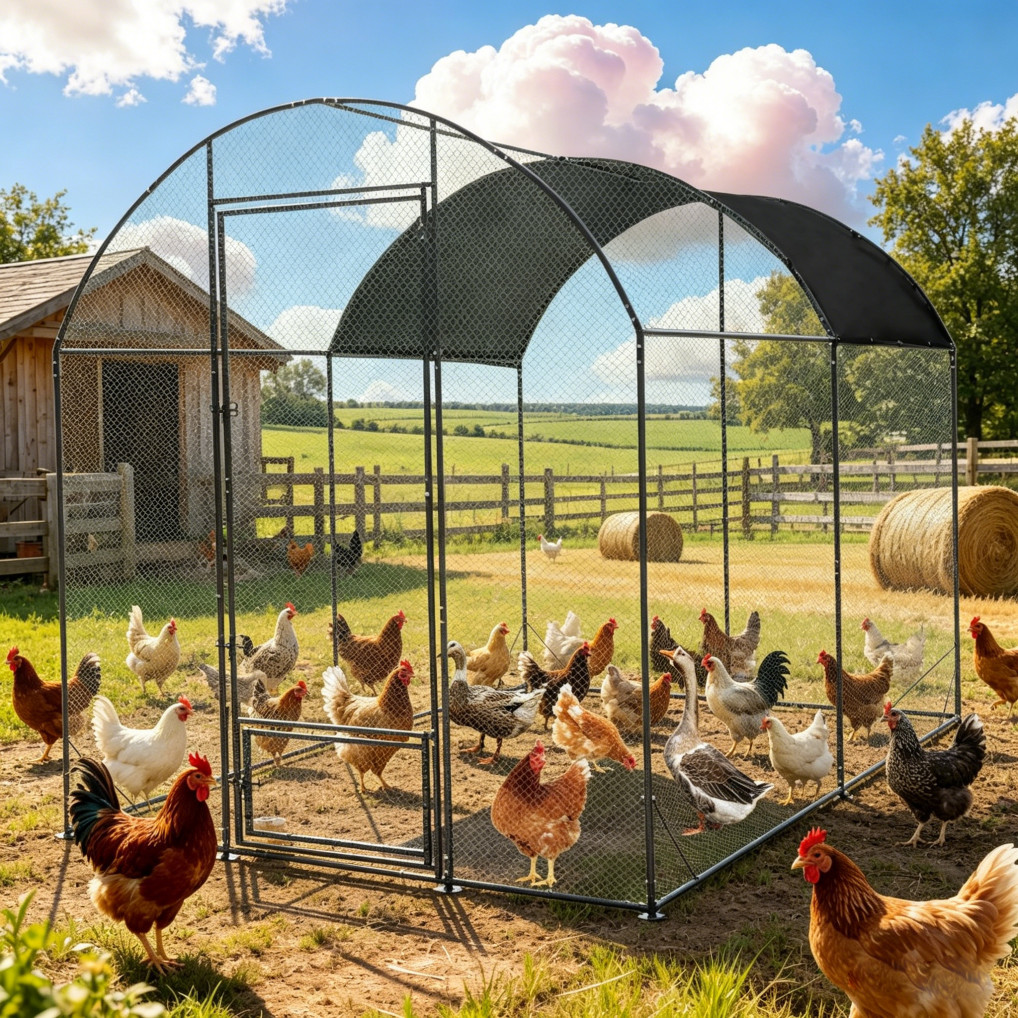 Plated Zinc Metal Chicken Coop Extra Large Walk-in Hen Cage House w/ Cover Roof