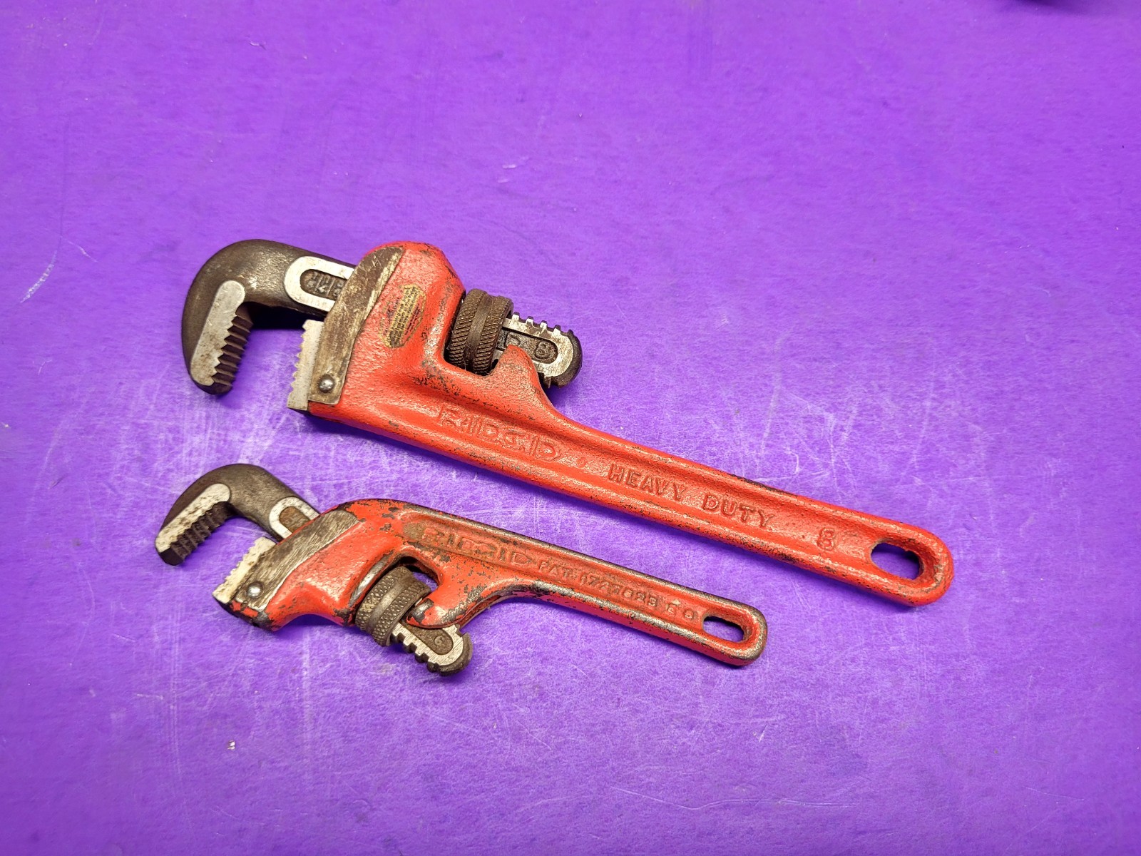 2 VINTAGE RIDGID PIPE WRENCHES USA  SM. PAT # 1727823  LG. #8