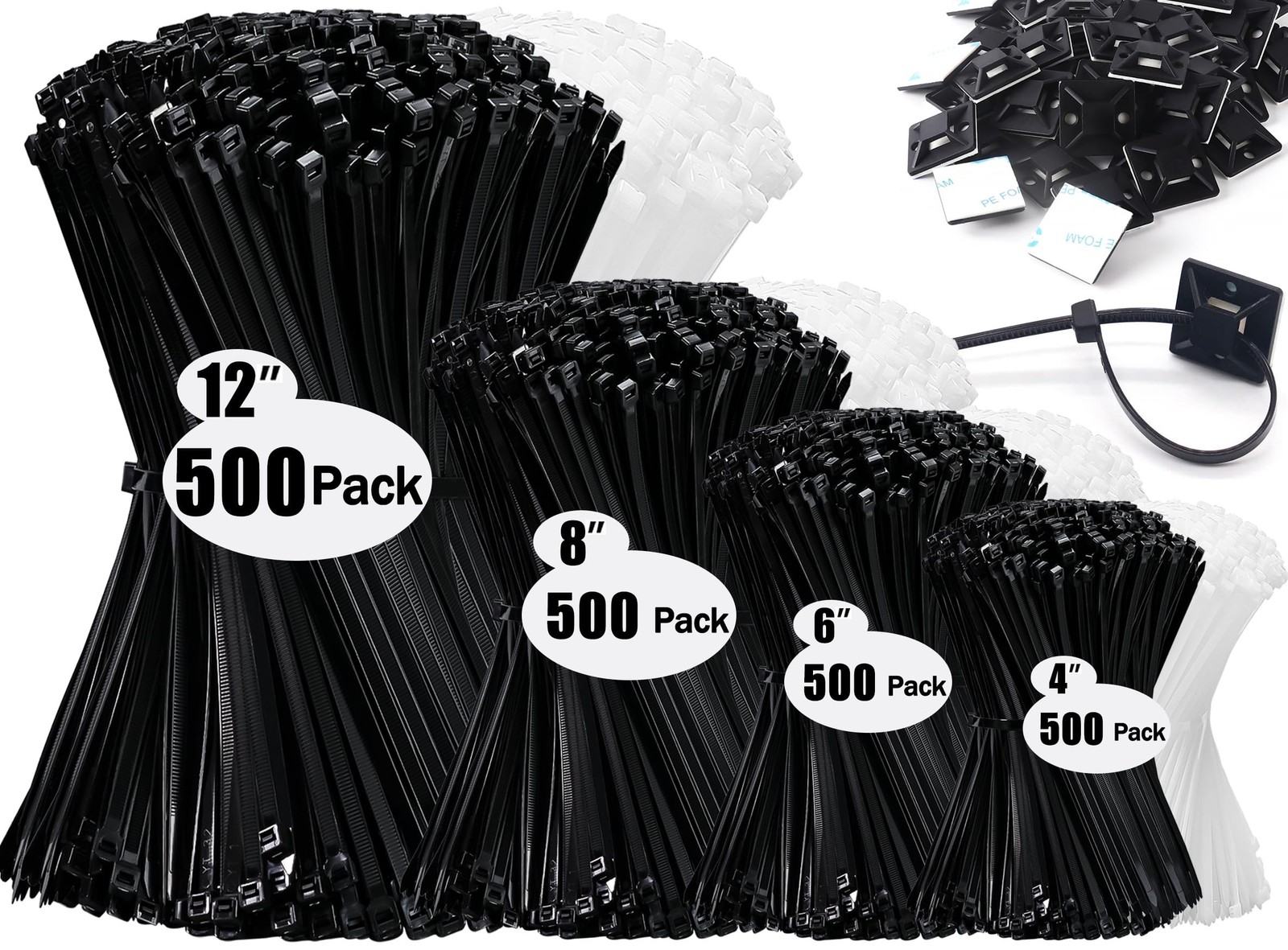 Zip Wire Ties 2100 Pack Small Cable Zip Ties with Cable Mounts Nylon Zip Cabl...