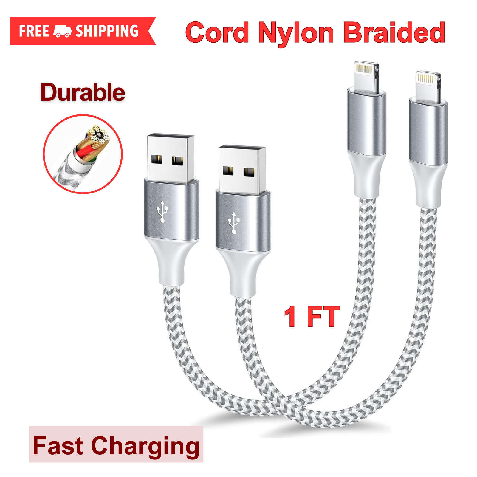 Apple MFi Certified Short iPhone Charger USB A to Lightning Cord Nylon 1ft 2Pack