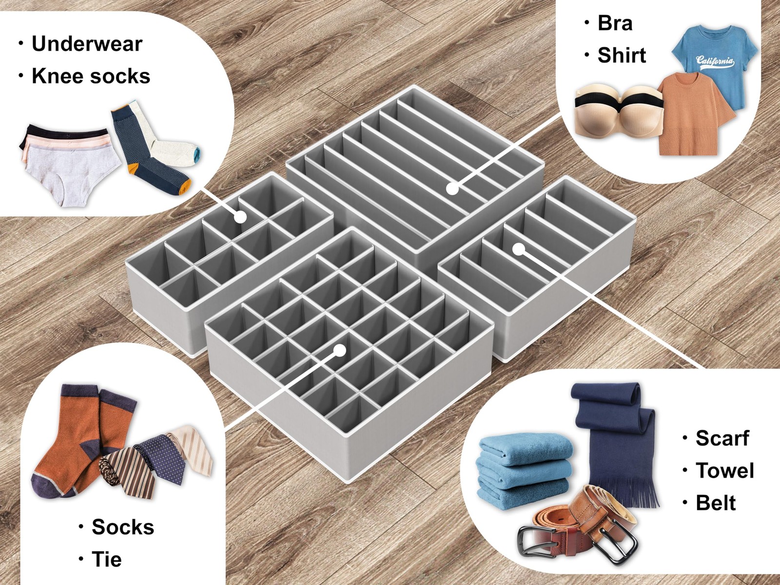 4-Pack Drawer Organizer Set for Underwear/Socks/Bra, Gray