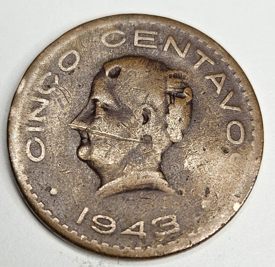 1943 Mexico Cinco 5 Five Centavos - Circulated Mexican Bronze World Coin - L7