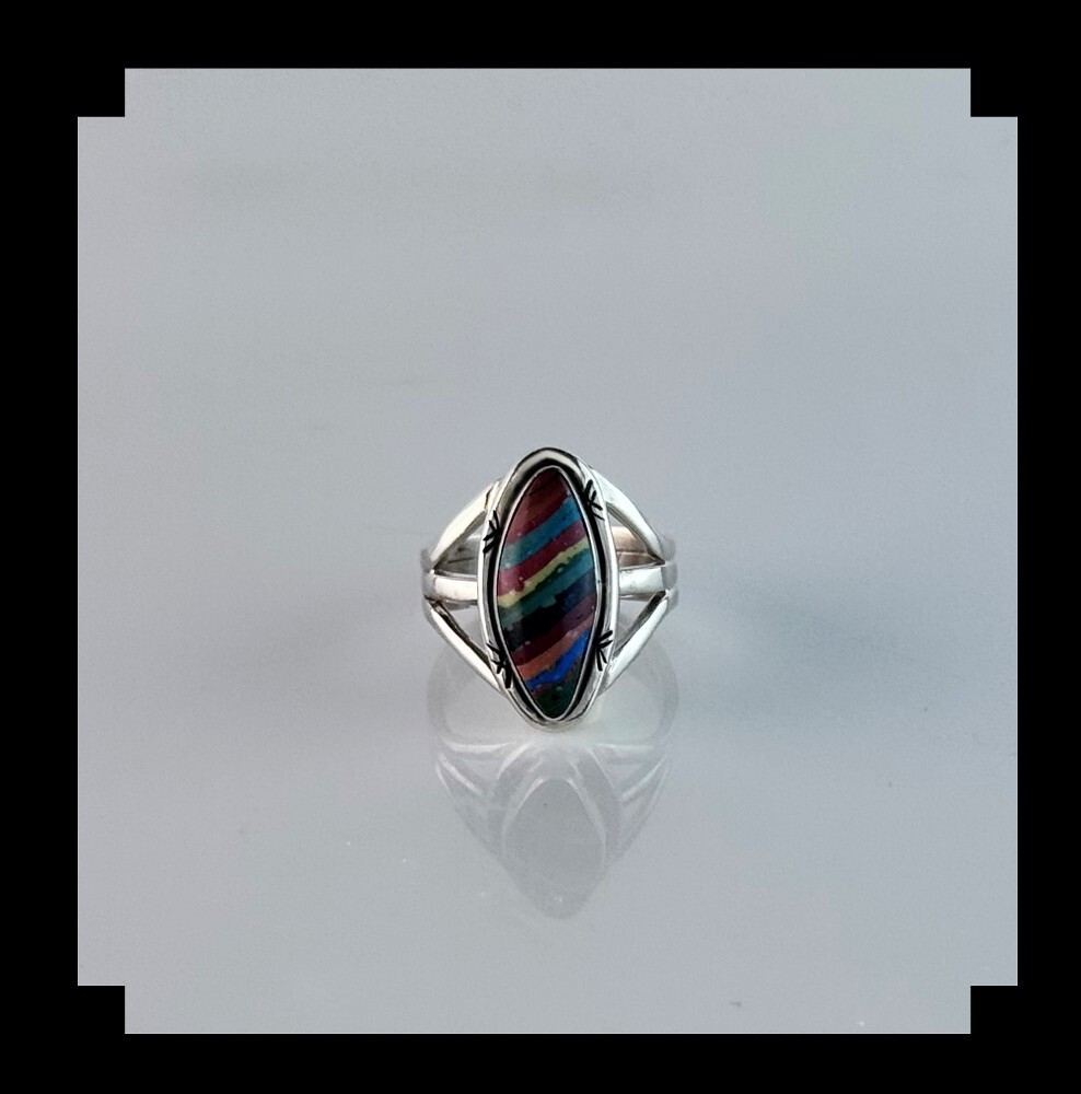 Sterling and Rainbow Calsilica Ring   Size  5