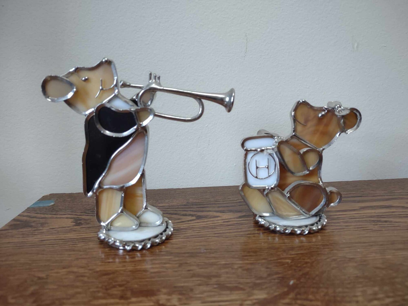 Two Stained Glass Bear Boy+Girl Lampshade Sitters/Sun Catchers Trumpet/Honey Pot