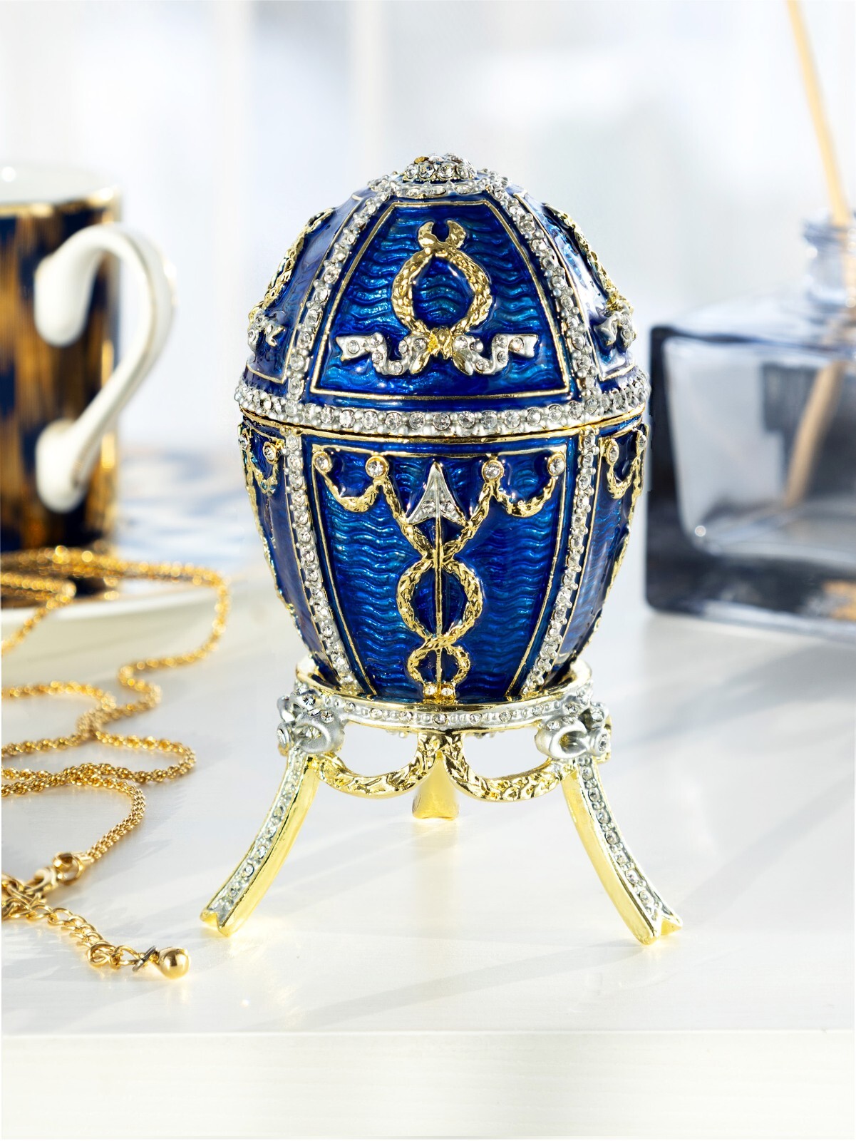 Keren Kopal Blue Royal Egg hand made Trinket box Decorated & Austrian Crystals