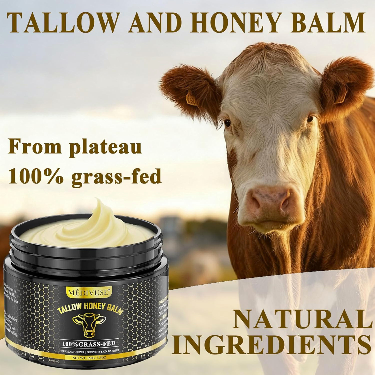 Beef Tallow & Honey Balm for Skin Organic Grass-Fed Face Moisturizing Cream