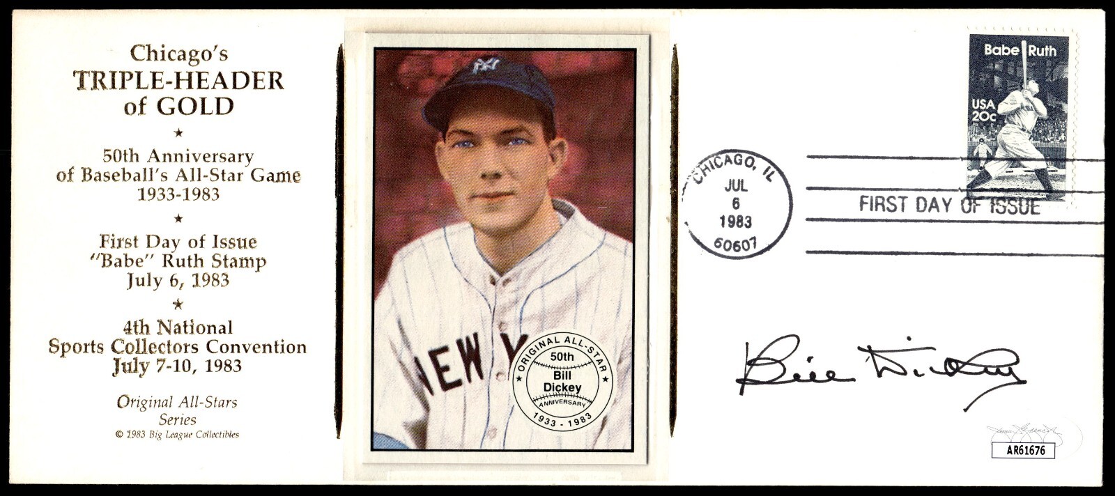 Bill Dickey Signed 1st Day Cover JSA CERT. All-Star Cachet NY Yankees HOF 1954!