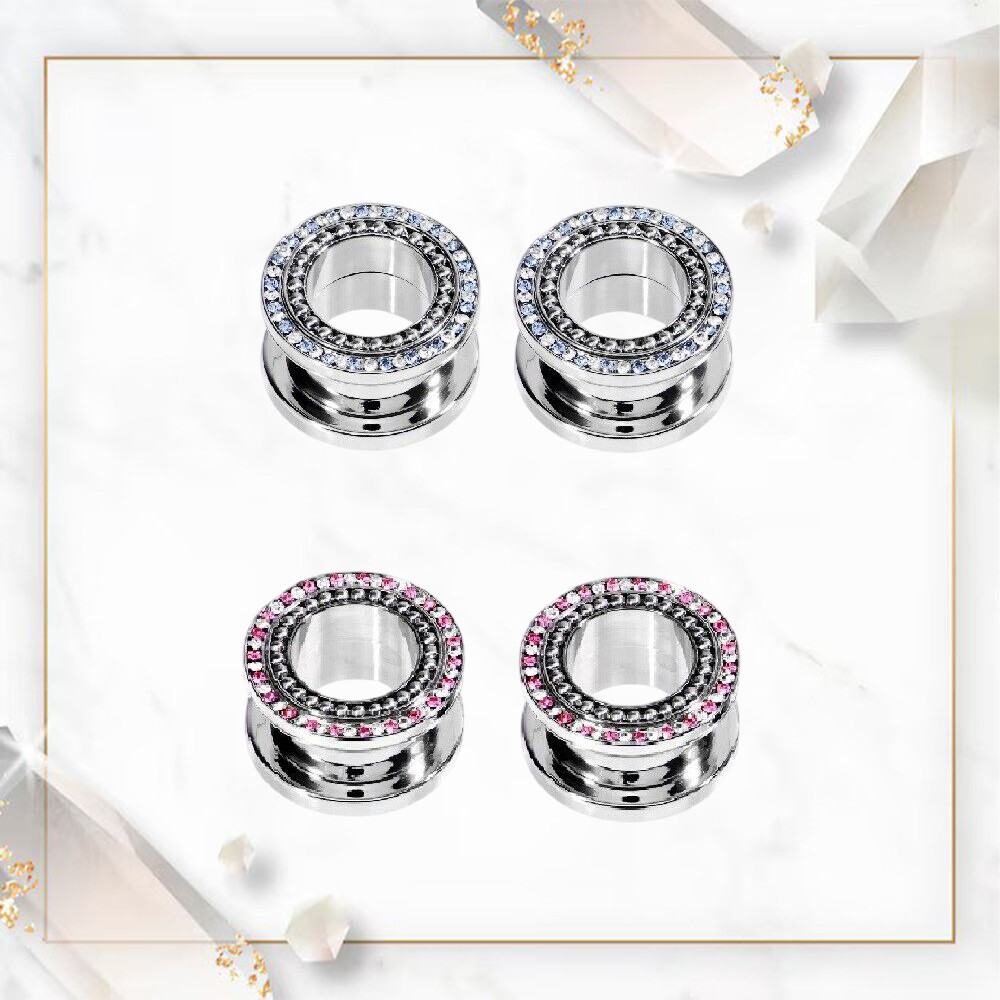 Pair of Tunnels Screw Fit Surgical Steel with 2 Color Cubic Zirconia Jewels