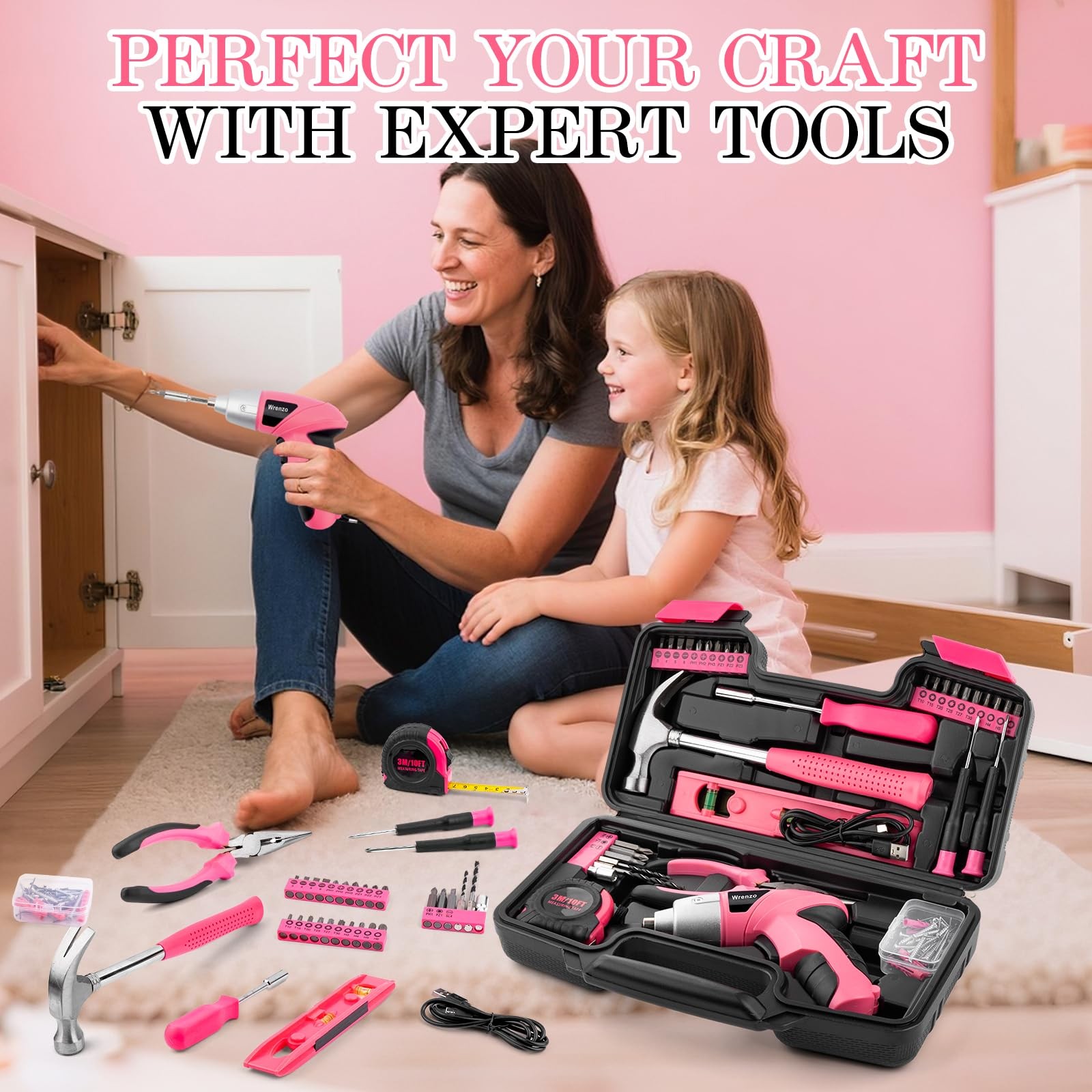 WRENZO Drill Set,Cordless Drill,Small Tool Kit,112pc 3.6V USB Set,Tool...