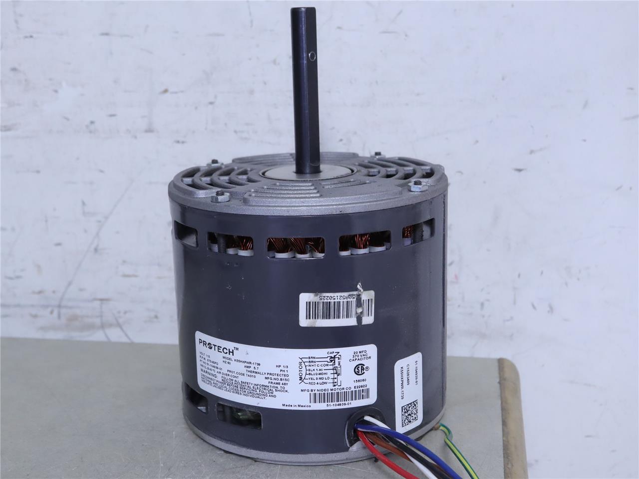 PROTECH K55HXPWR-1739 Furnace Blower Motor 1/3HP 115V 875RPM 4SPD 51-104939-01