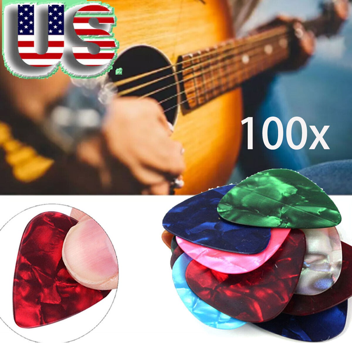 100pcs Guitar Picks Acoustic Electric Plectrums Celluloid Assorted Colors USPS