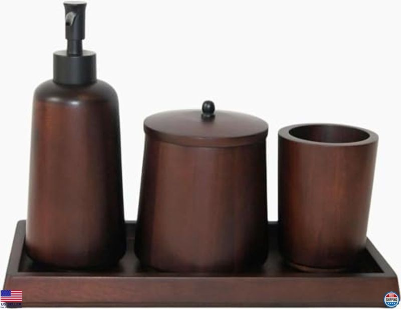 4-Piece Solid Acacia Wood Bathroom Accessory Set with Tray & Dispenser, Brown