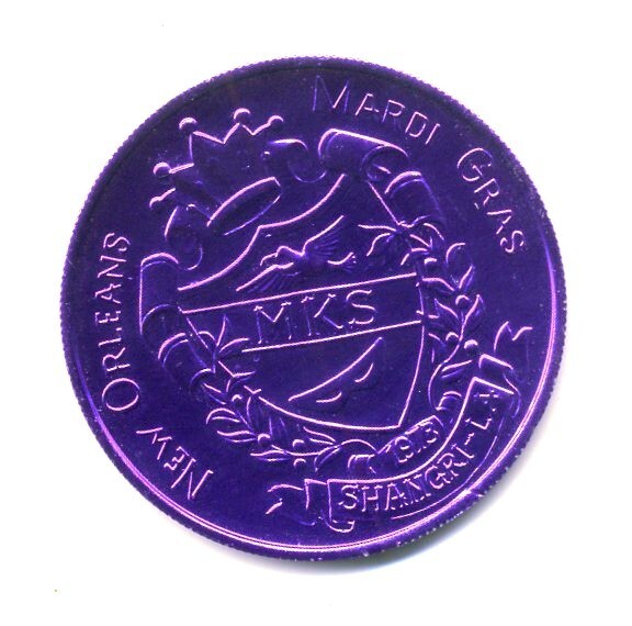 1984 Mardi Gras Purple Aluminum Doubloon Krewe of Shangri-La/I Am Woman