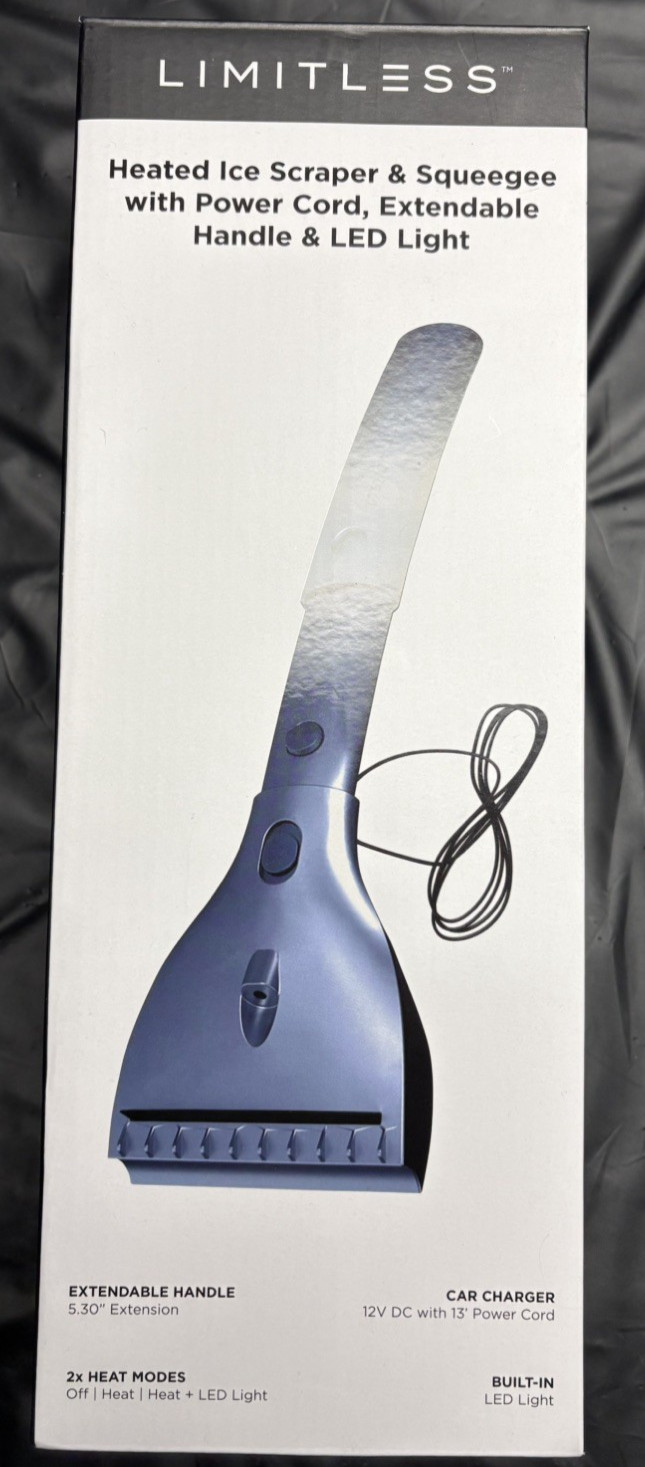 Limitless Heated Ice Scraper & Squeegee 12V w/Car Charger, LED Light NEW Navy