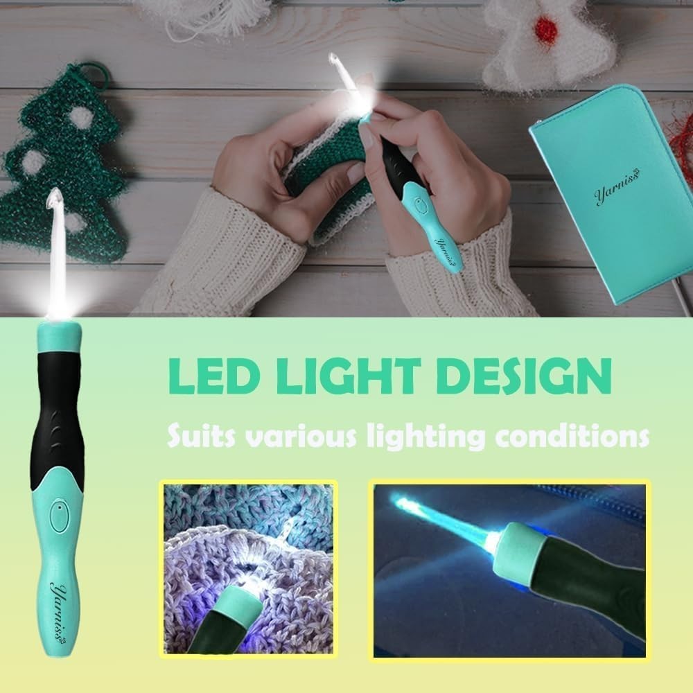 Compact Light-Up Crochet Hook Set: 17 Sizes (2.5mm-14mm) for Easy Crafting