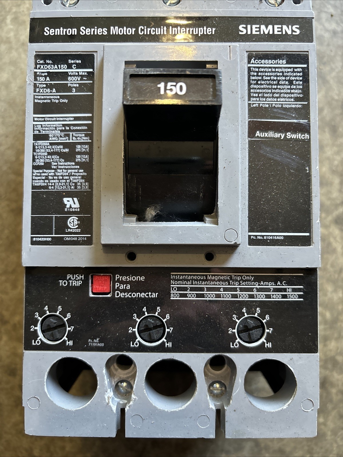 Siemens FXD63A150 600V 150A 3-Pole Molded Case Circuit Breaker