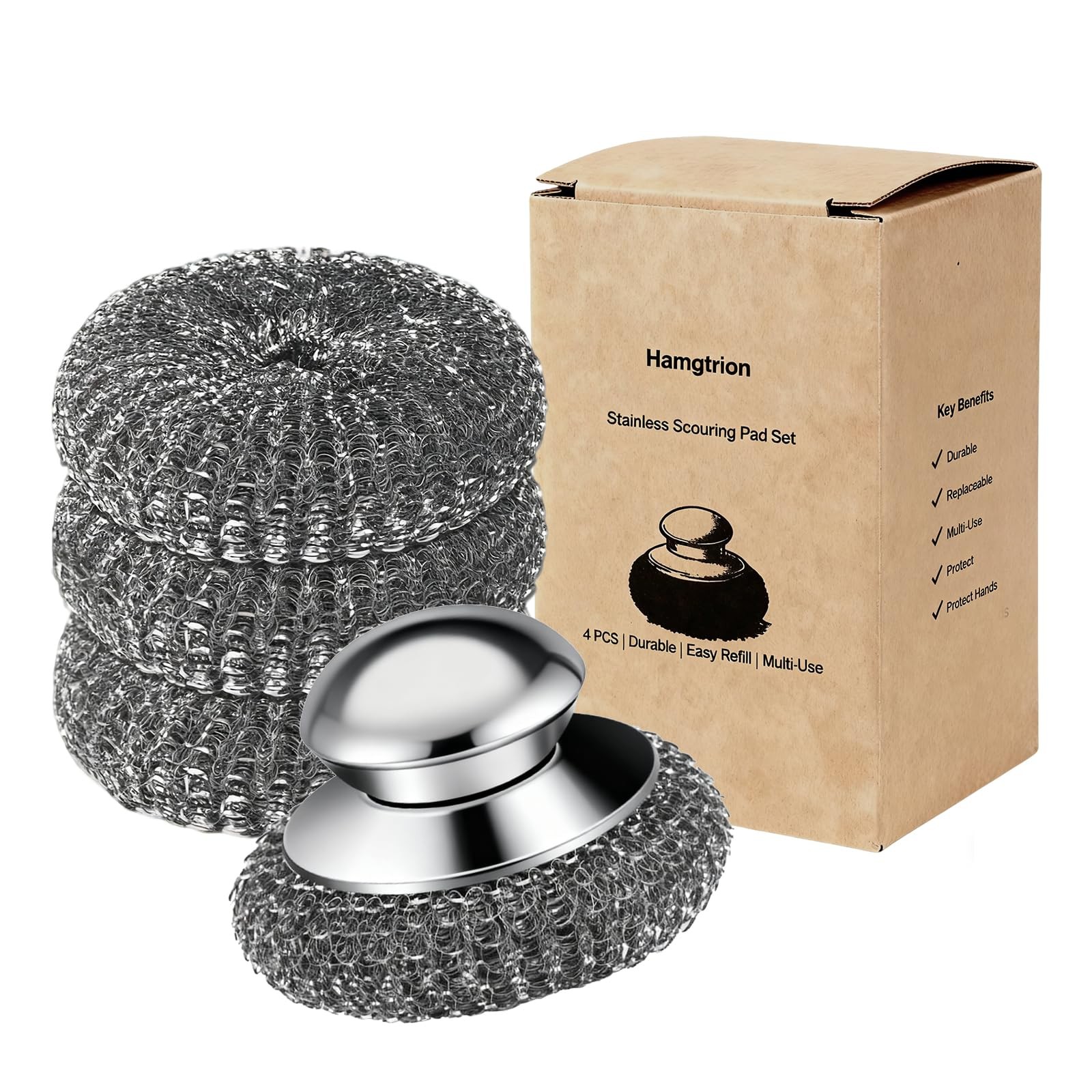 Steel Wool Scrubber, 4-Pack Stainless 1 Handle+3 Pads, Silver-gray
