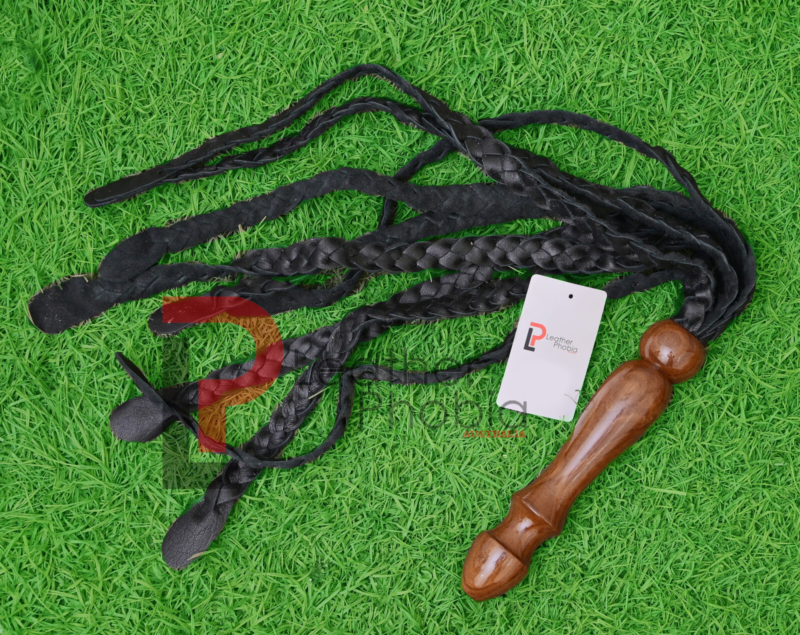 Black Cat-o-Nine Tails Genuine and Real Leather Flogger whip Wooden Handle