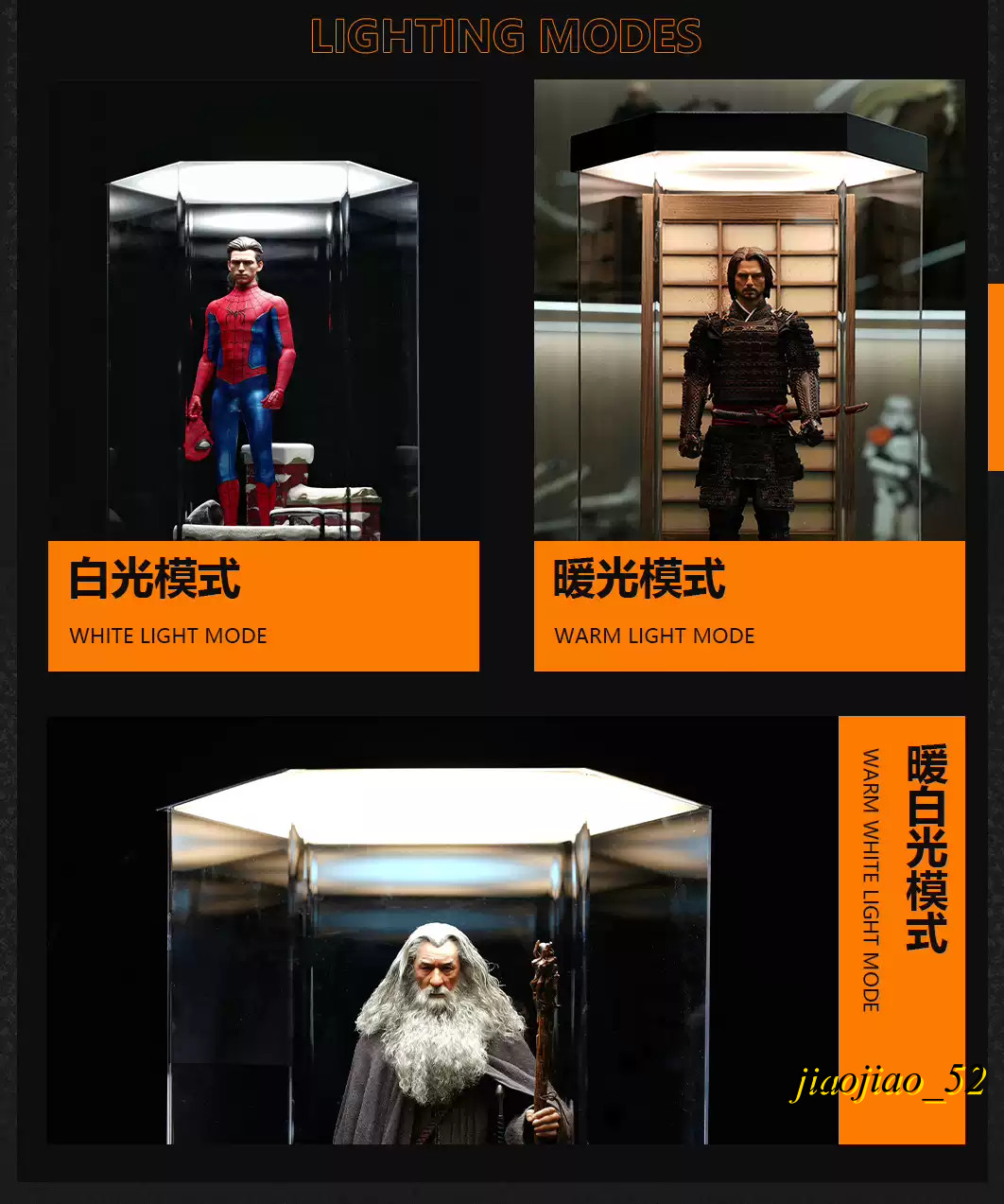 LED Rotating Hex Acrylic Display Box Silent Turntable Figure Model Dust Showcase