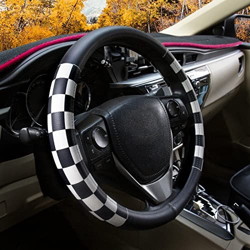Lattice Leather Steering Wheel Cover, Black leather Black and White Checkered