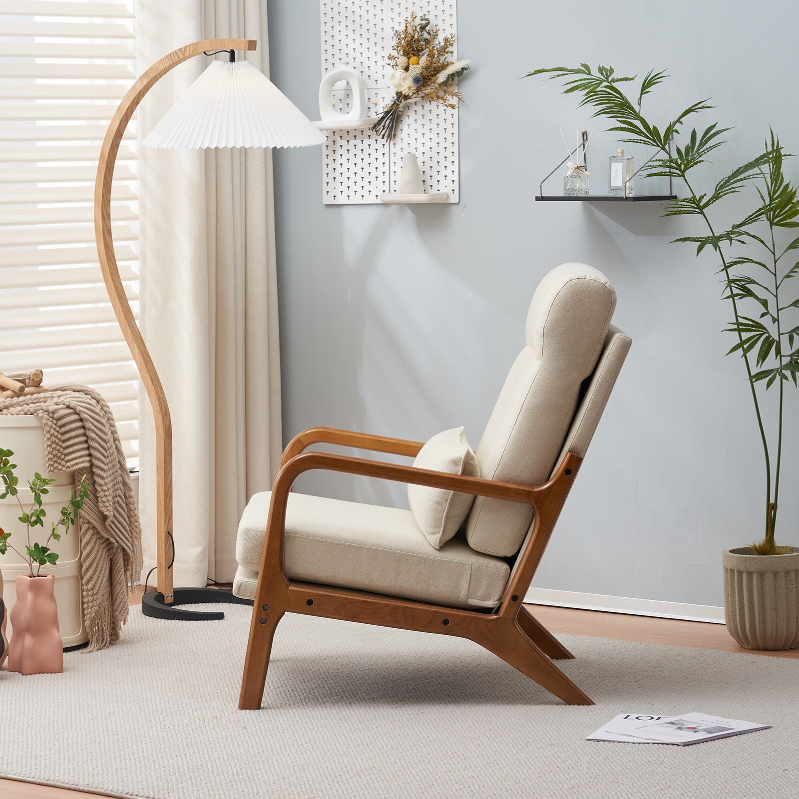 High Back Solid Wood Armrest Backrest Iron Frame Linen Indoor Leisure Chair Off