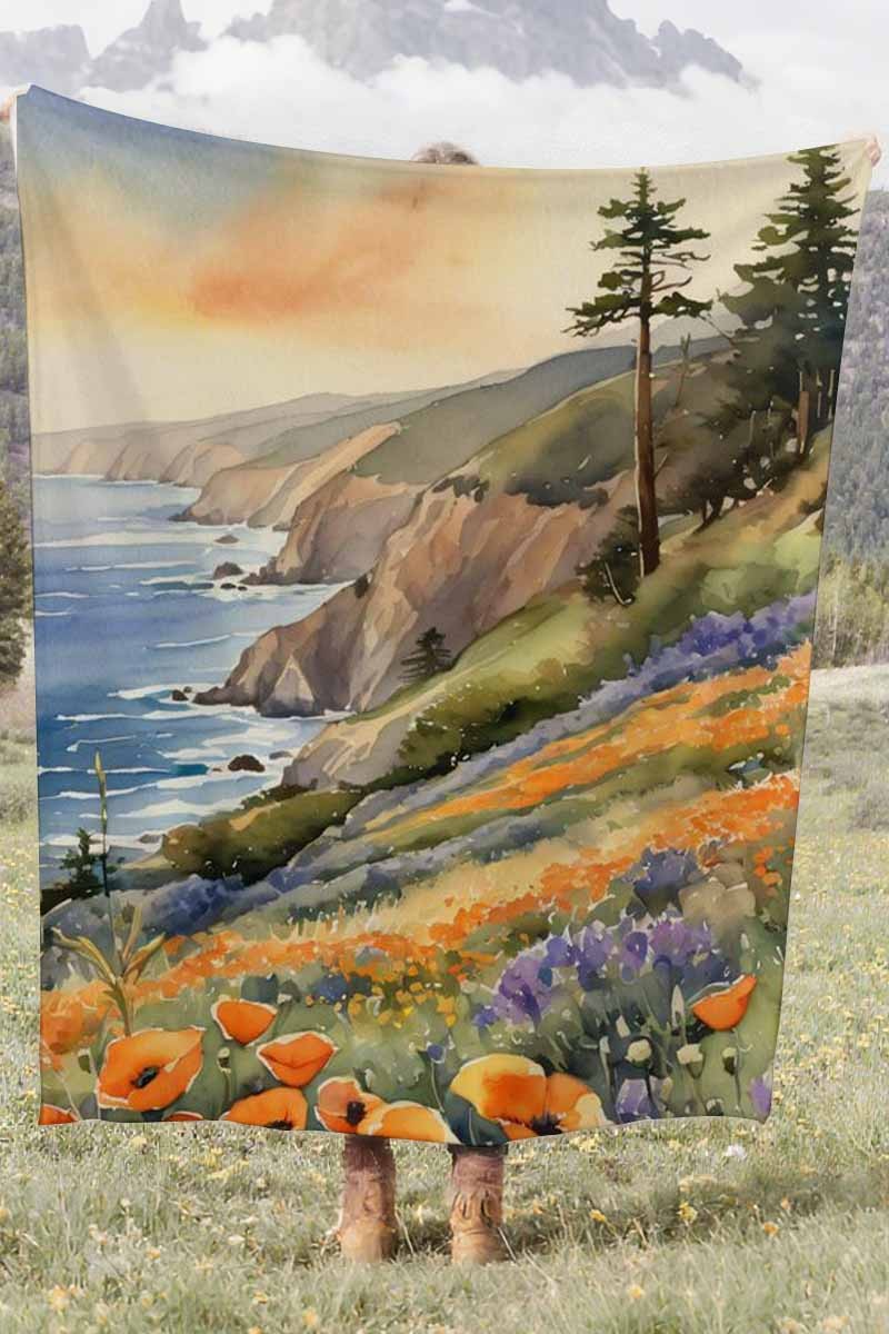 Coastal Poppy Field Coral Fleece Cozy Throw Blanket Rustic Stunning