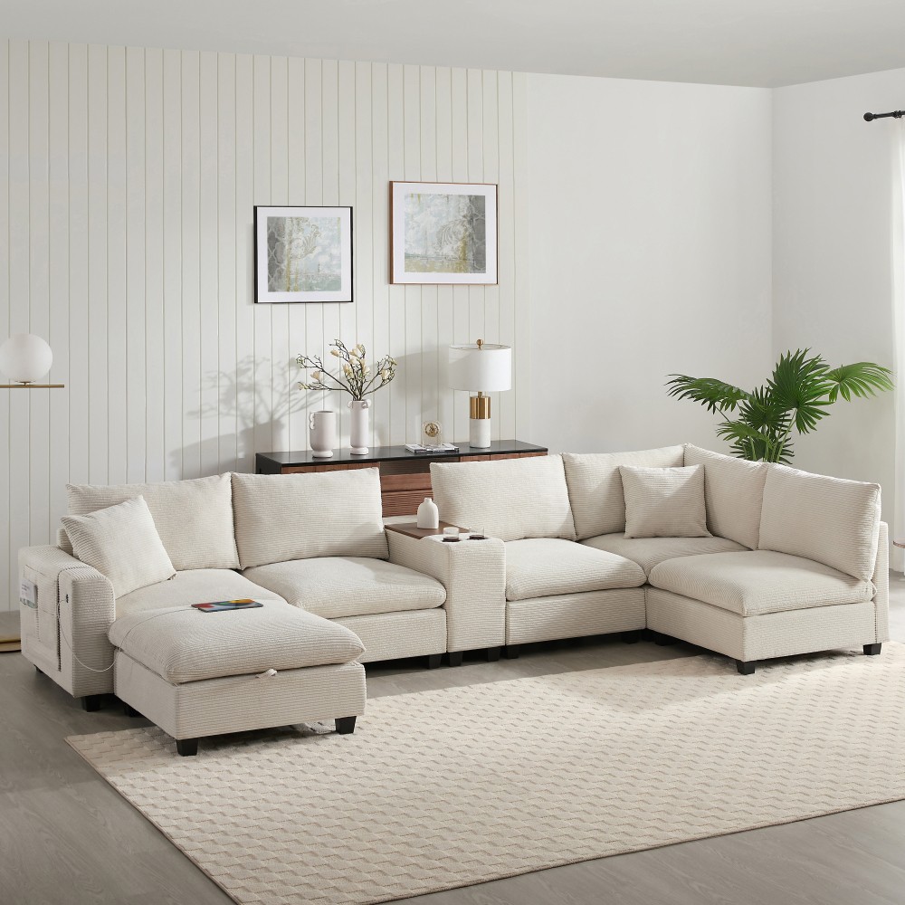 139'' U-shaped Modular Sectional Sofa with Console, L-Shaped Corduroy Couch