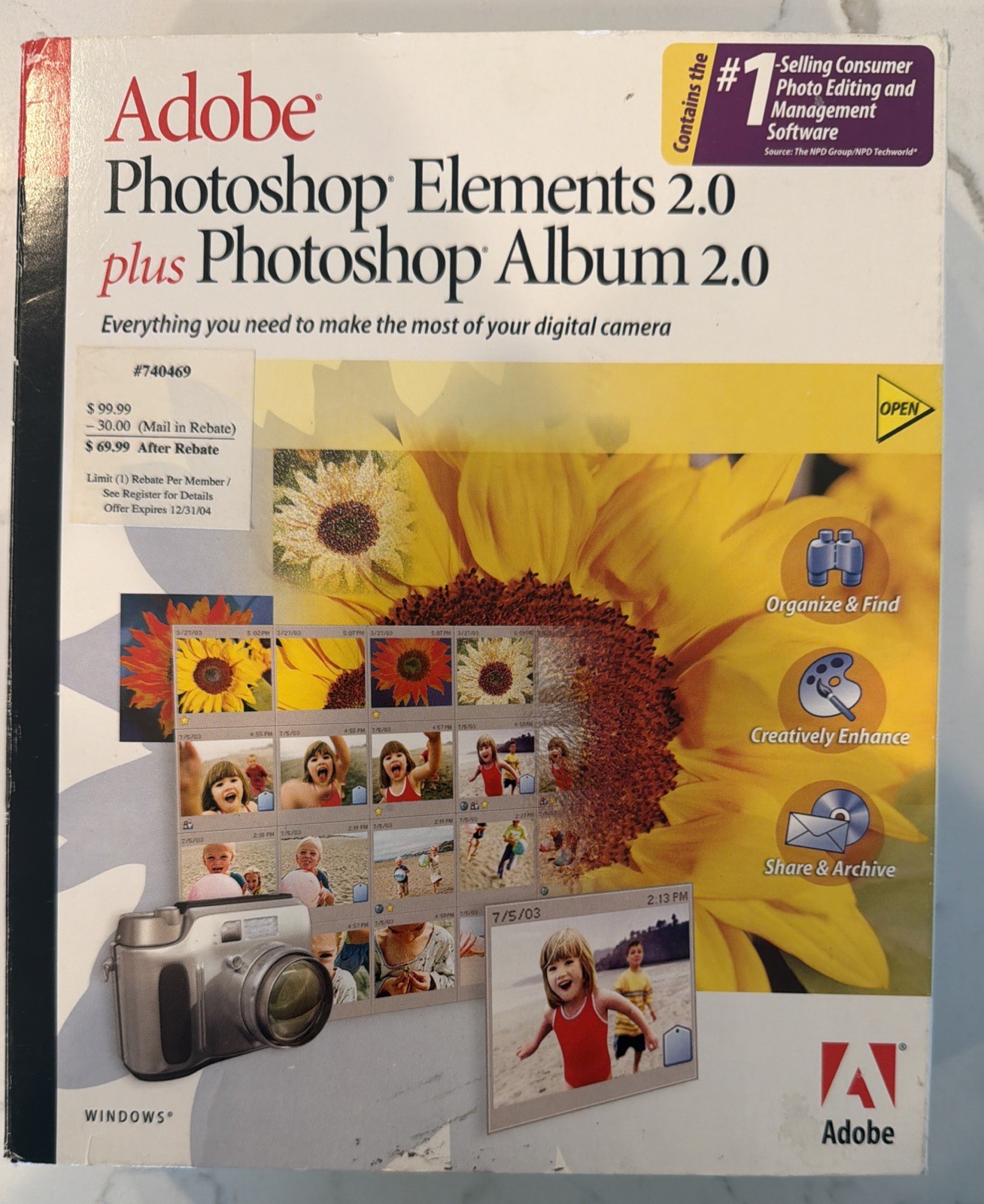 Adobe Photoshop Elements 2.0 + Album 2.0 for Windows -Box & Manual + Pass Keys