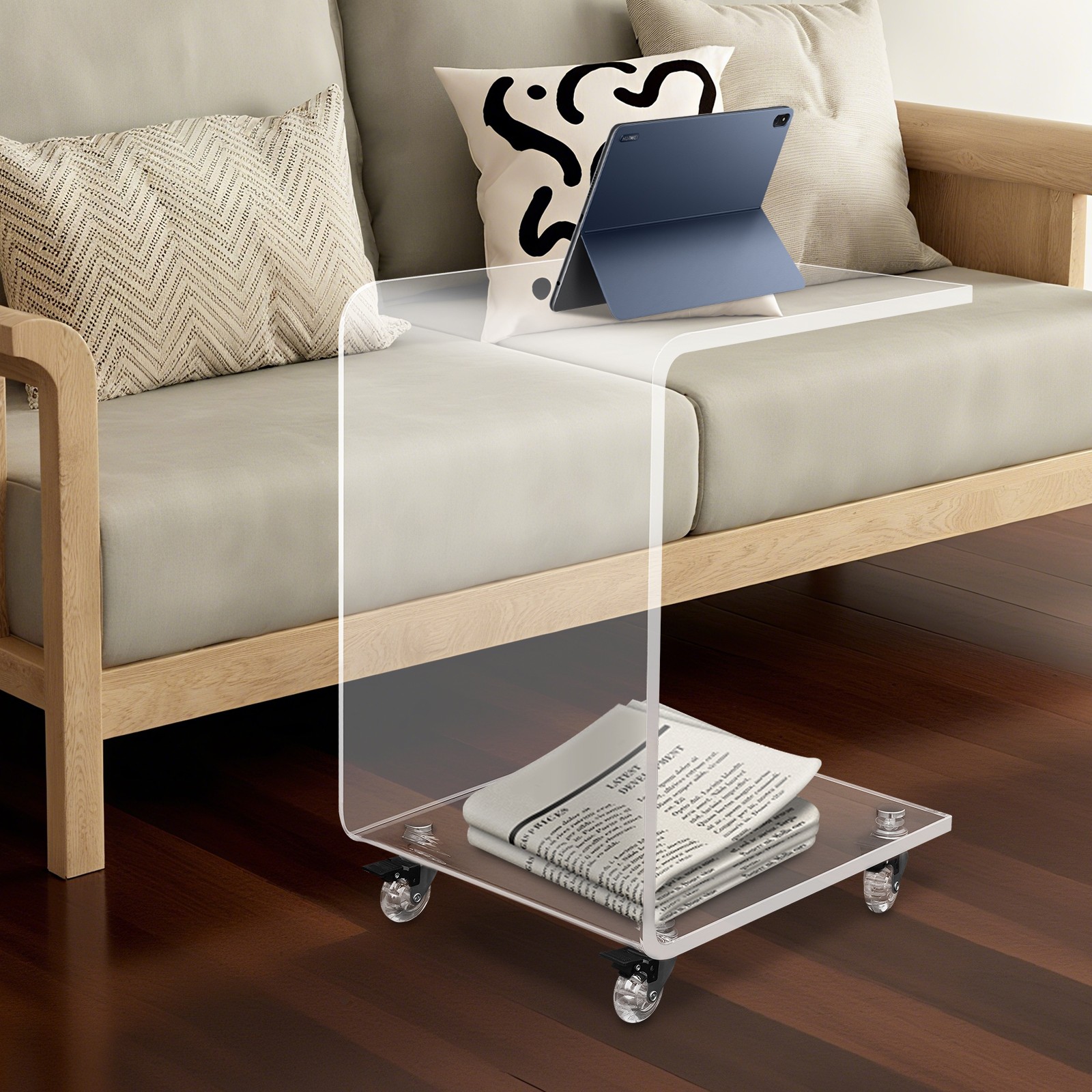 35*35*56cm C-Shaped Side Table, Acrylic End Table, Couch Side Table With Wheels