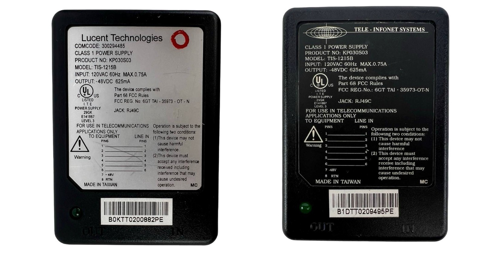 Lot of 2 Mixed Brands TIS-1215B KP030S03 48VDC 625mA ISDN Power Supply RJ49C