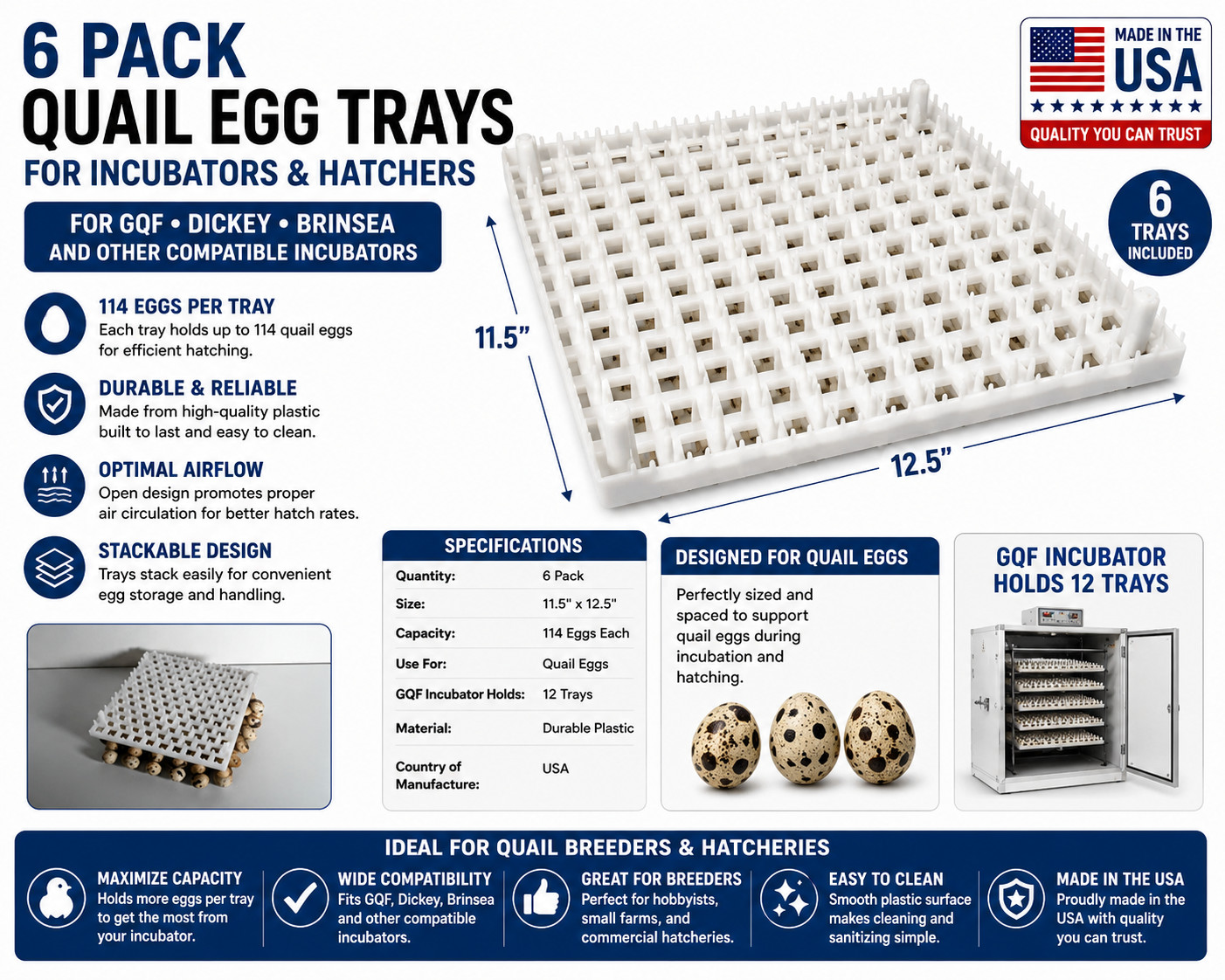 6 Pack Quail Egg Trays for GQF Dickey Brinsea Incubators 114 Egg Capacity