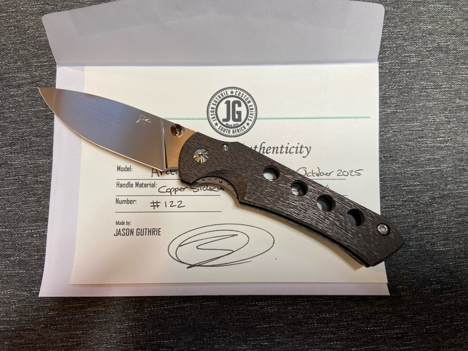 Jason Guthrie Scout , Copper Sidecut C.F.-RWL 34 Blade, Handmade-#122  NEW!
