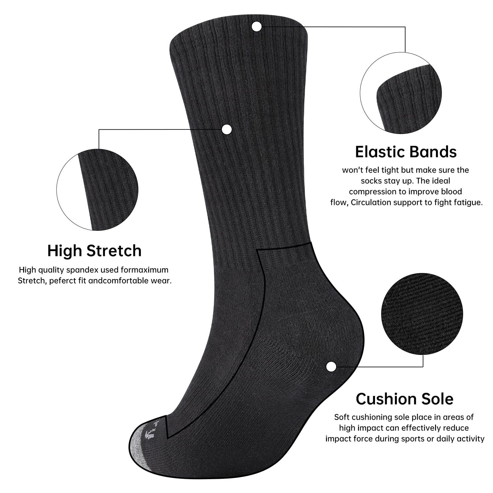 100% Cotton Moisture Wicking Cushioned Crew Socks, Athletic