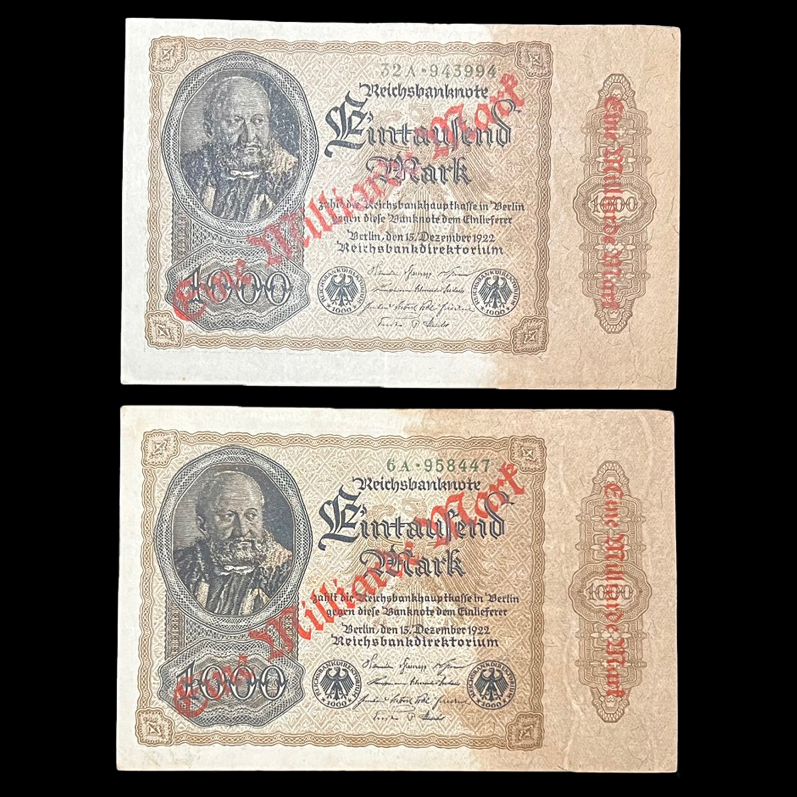 2x 1922 German 1 Billion Mark Banknote WW1 War Inflation Fascist Hitler Nazi