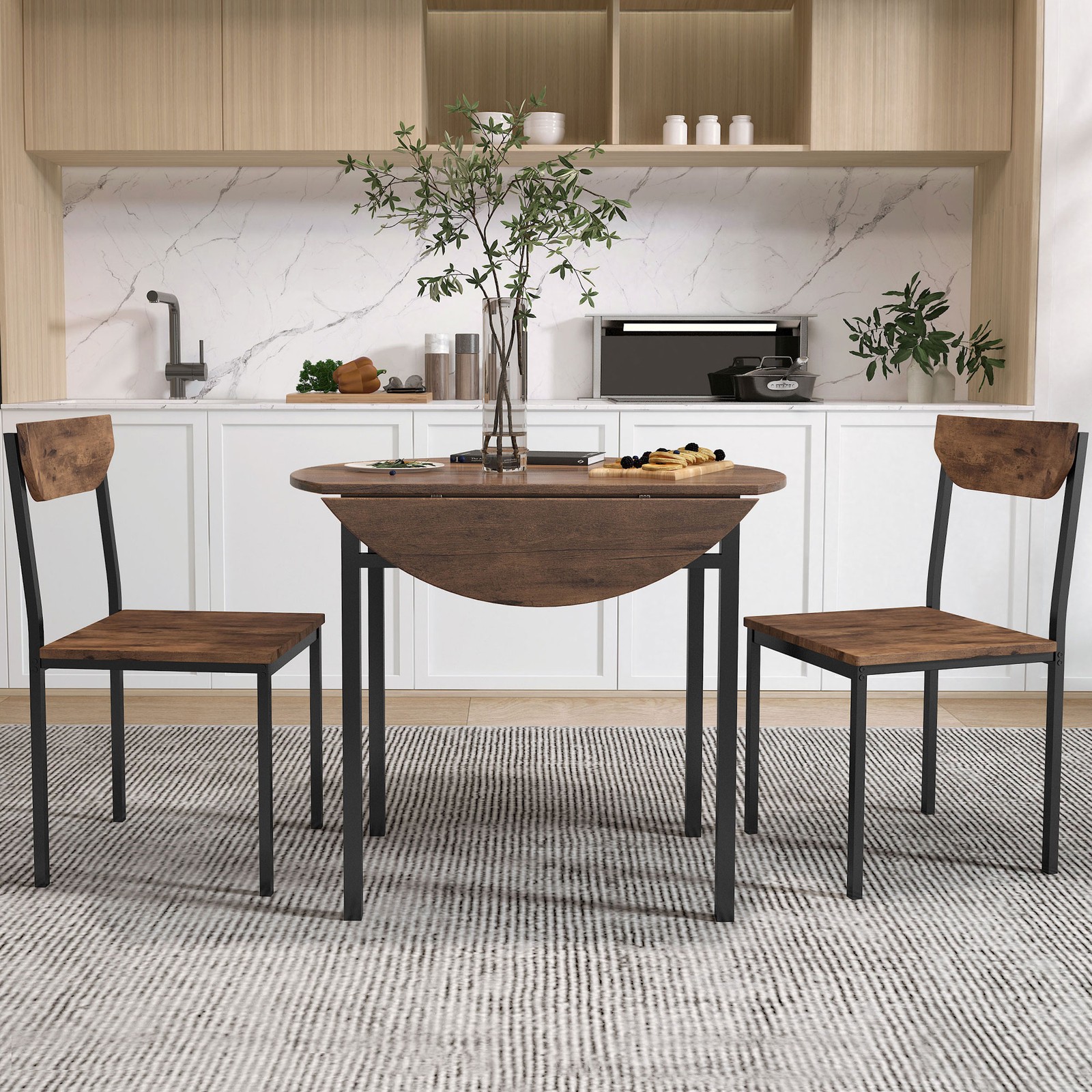 Modern 3-Piece Round Dining Table Set with Drop Leaf and 2 Chairs for Small