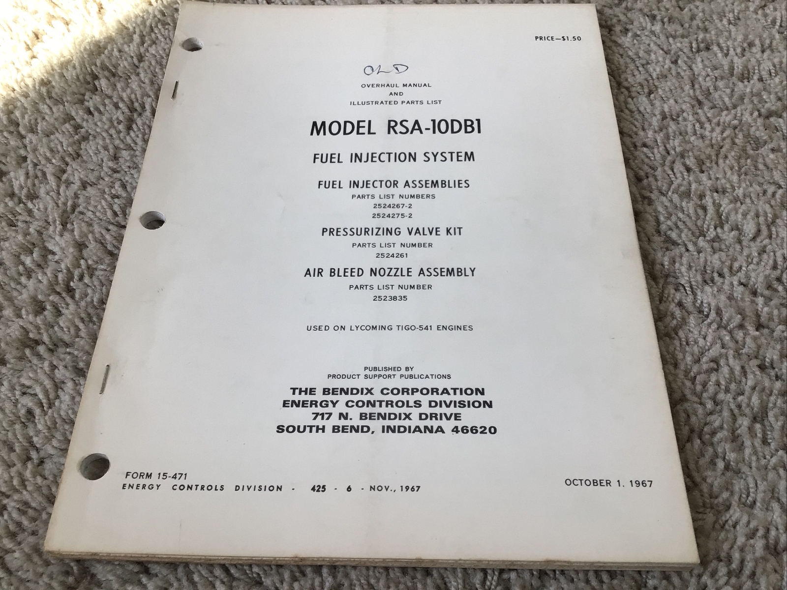 Bendix RSA-10DB1 Fuel Injector Overhaul & Parts Manual
