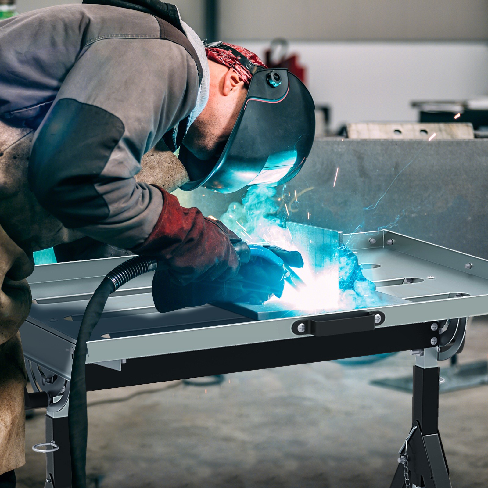 Folding Welding Table w/Tabletop 2 Fixed Wheels 4-Level Height 5 Tilting Angles