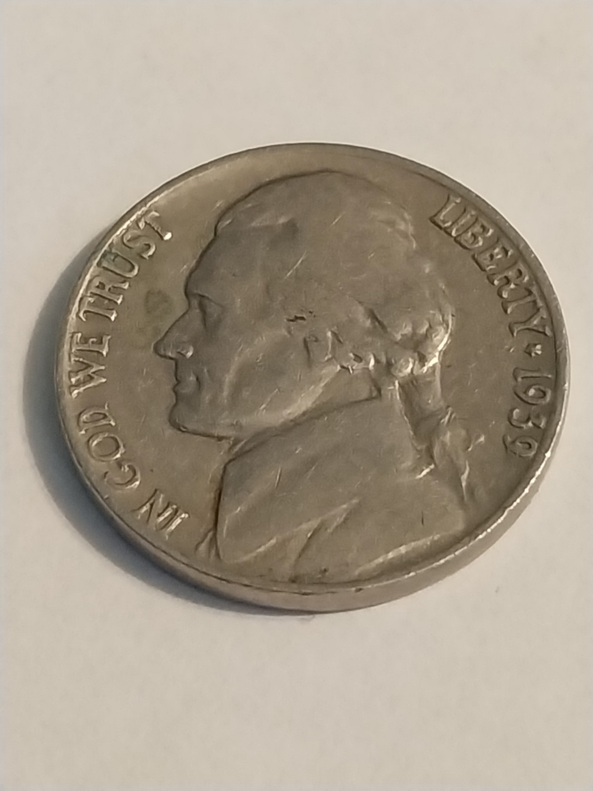 1939 Error Jefferson Nickel. Reverse Doubling. Circulated. Needs Cleaning.