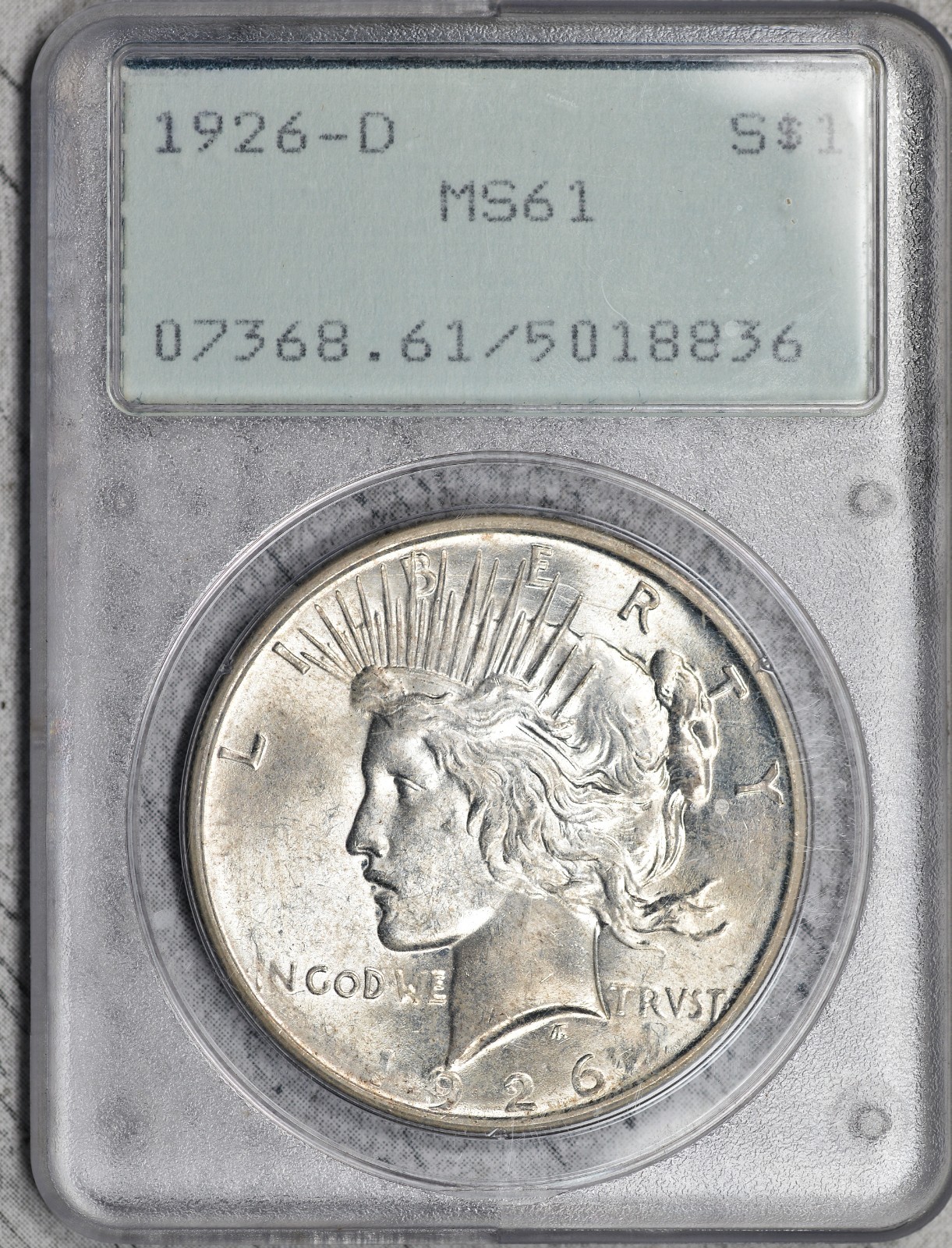 1926-D Peace Dollar PCGS MS61 Old Rattler Holder! #7GBM PVC