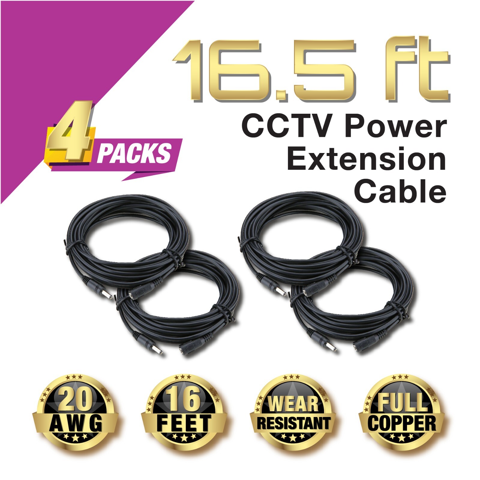 4x Power Supply Extension Cable 5M meters Standard Cord for CCTV Security Camera
