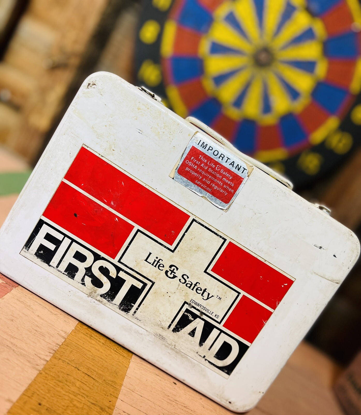 Vintage "Life & Safety" first aid kit GUC most of contents Wall Mount Cross
