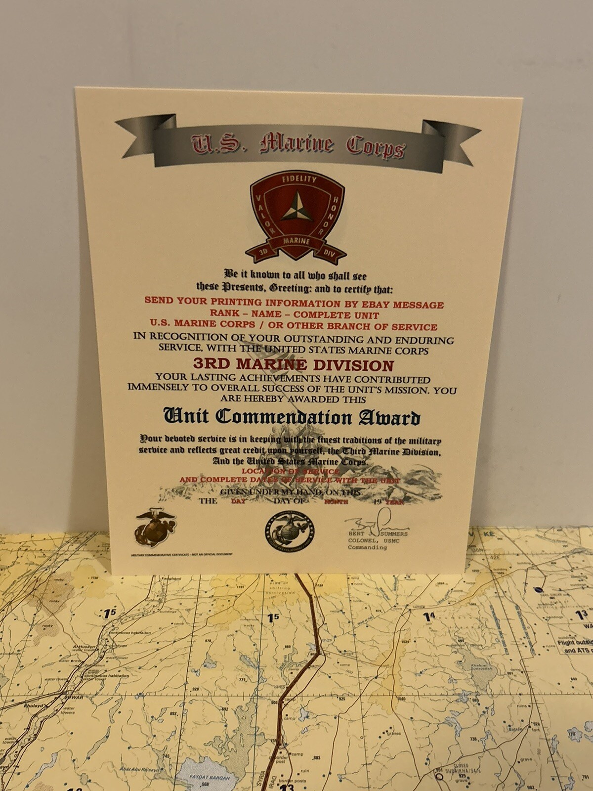U.S.M.C. / 3RD MARINE DIVISION ~ UNIT COMMENDATION AWARD / CERTIFICATE