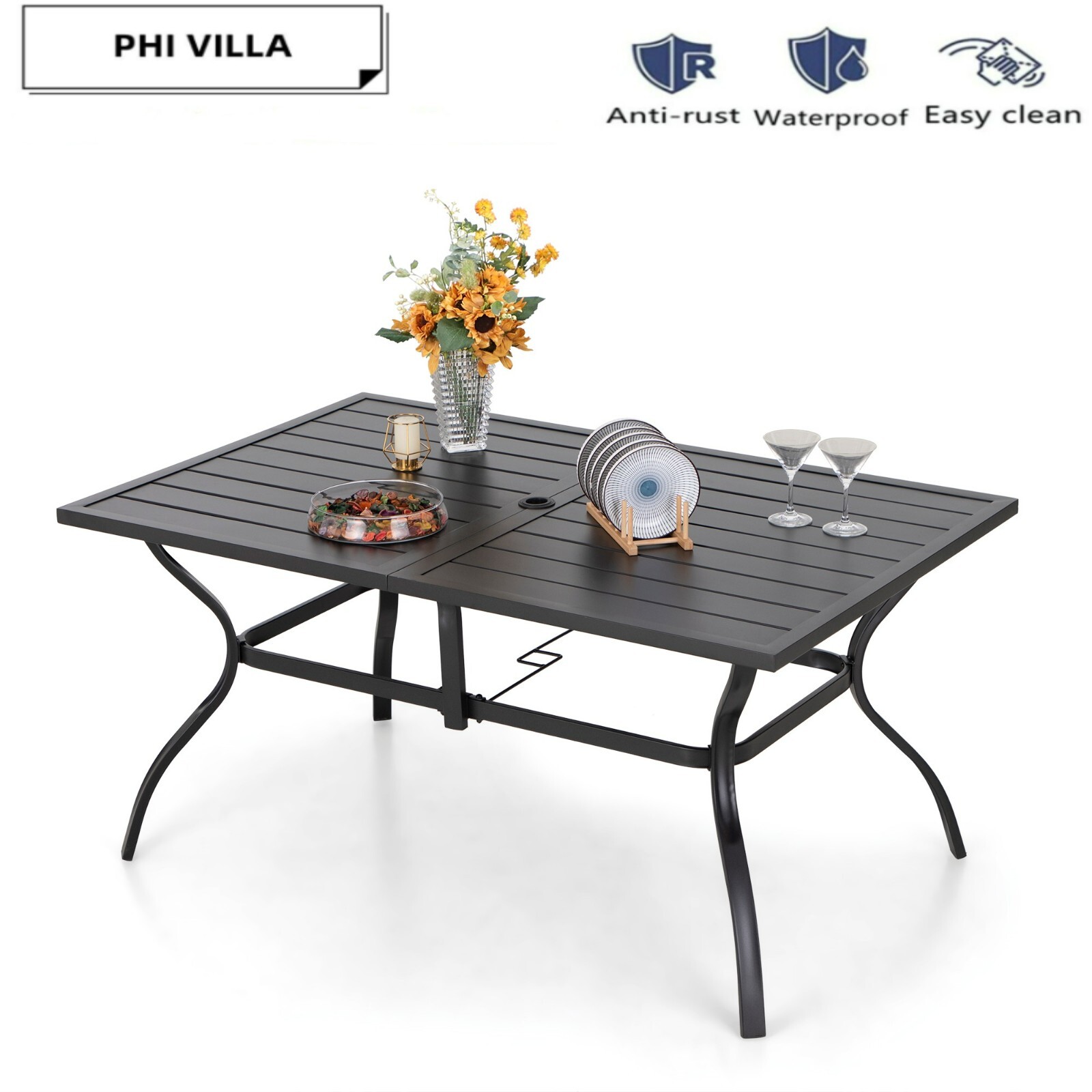 PHI VILLA Patio Dining Table for 6 Person Outdoor Table with Umbrella Hole Black