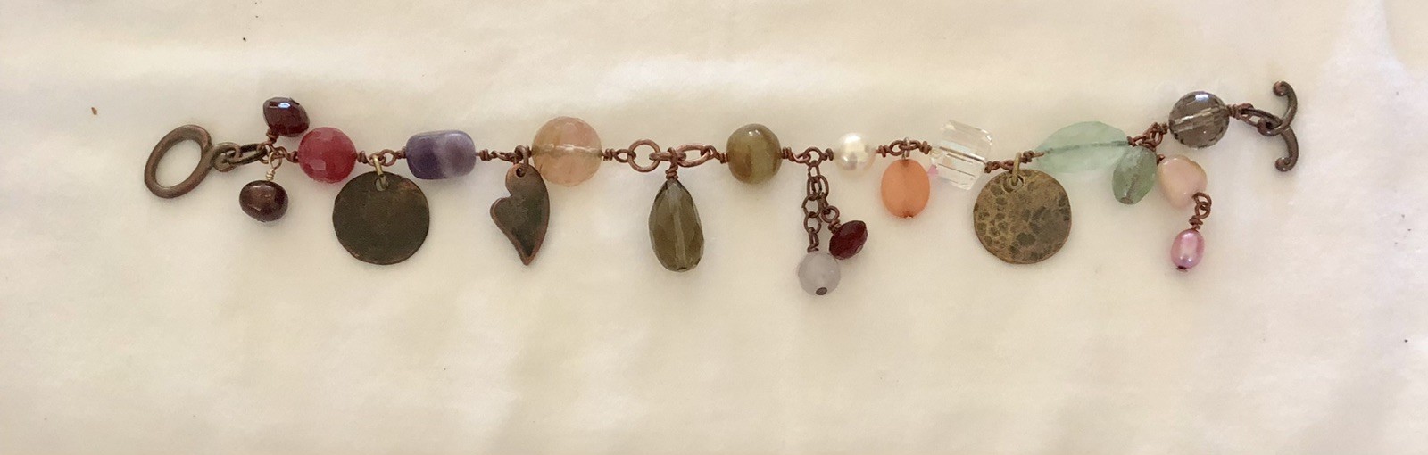 Vtg Handmade artisan Copper Charm Bracelet Glass/Stones/& More Beads OOAK