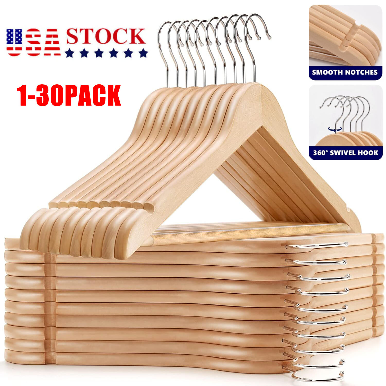 1-30 Pack Wooden Hangers Suit Hangers Premium Natural Finish Cloth Coat Hangers