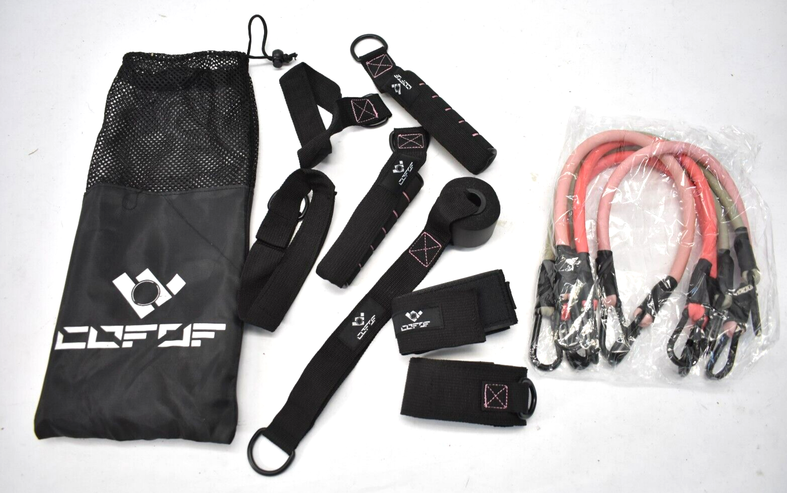 Kofof Resistance Bands Set w Black/Pink Handles w Anchors Physical Therapy