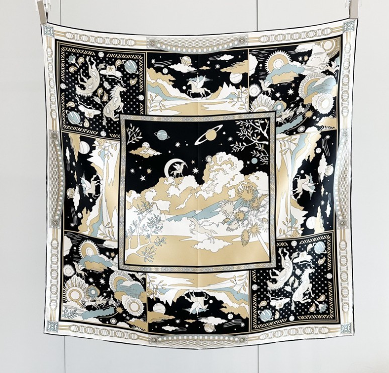 14 Momme Twill 100% Silk Mulberry Scarf 35'' Square Shawl Wrap Black Horse print