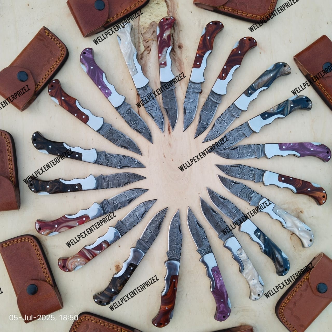 Lot Of 20, Handmade Damascus Steel Folding Knives, Pocket knives W/sheaths (WPX)