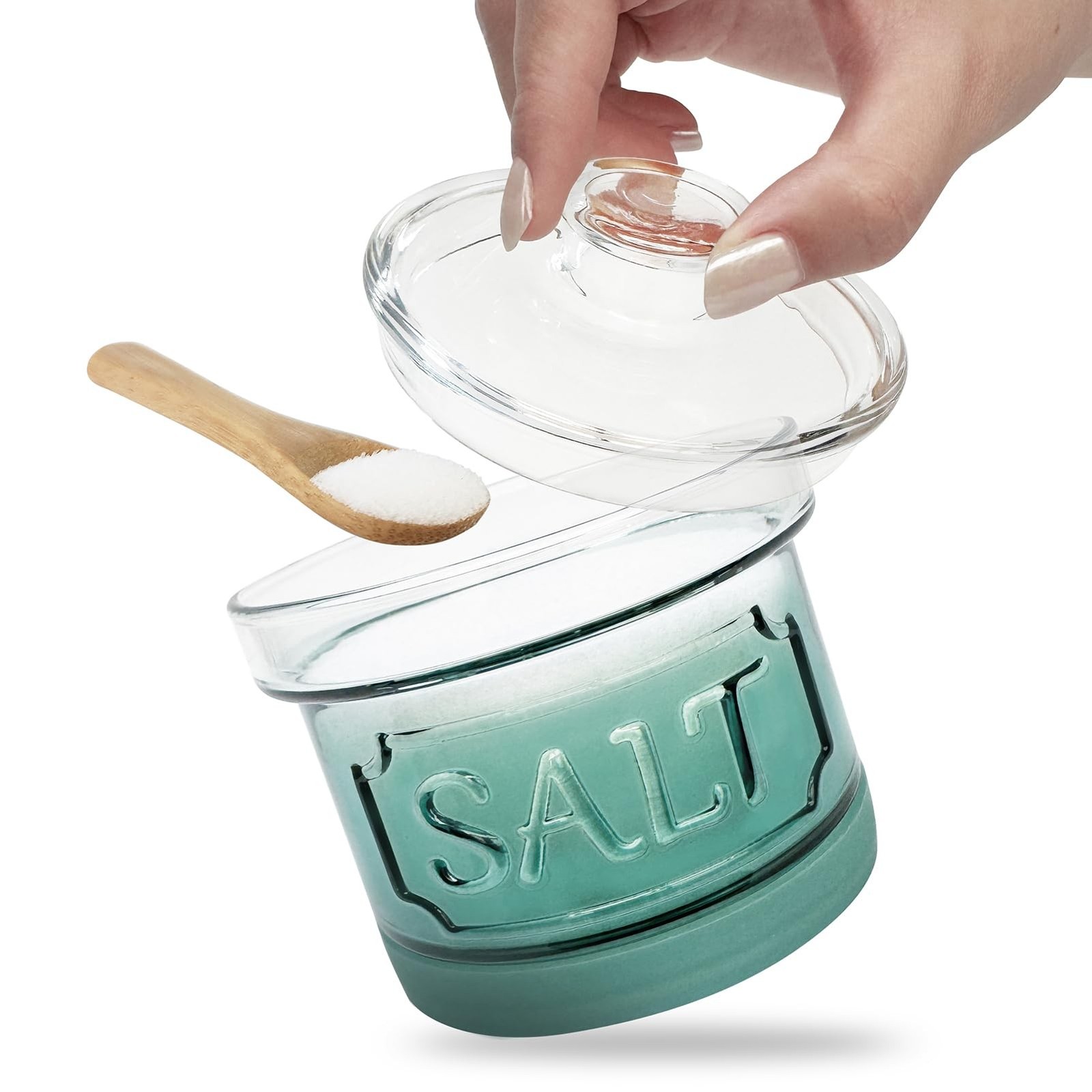 Glass Salt Cellar with Lid Salt Container with Spoon for Countertop Embossed ...