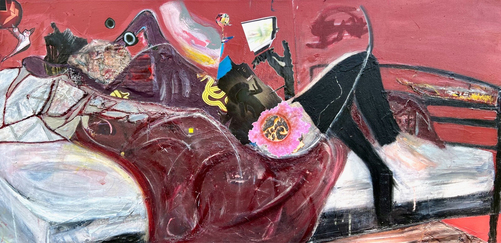 MOTHERHOOD Pink Red Woman Laying & Bird Collage Painting